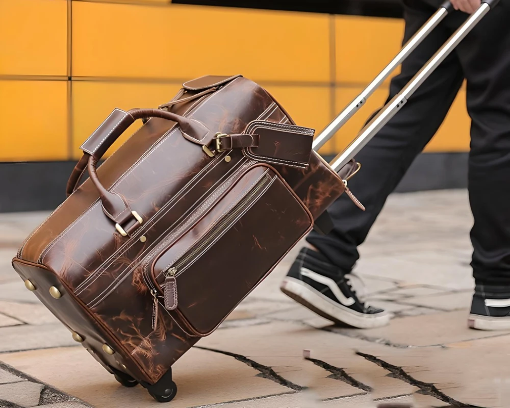 red leather carry on luggage