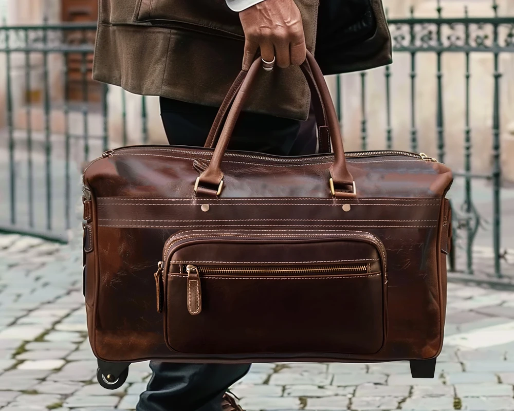 red leather carry on luggage
