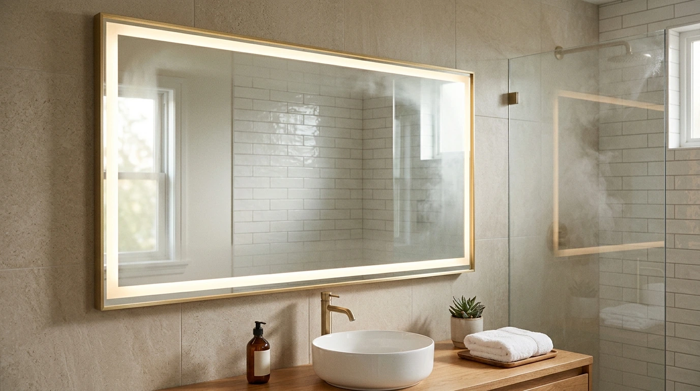40x30 Gold Framed LED Mirror: Anti-Fog + Dimmable